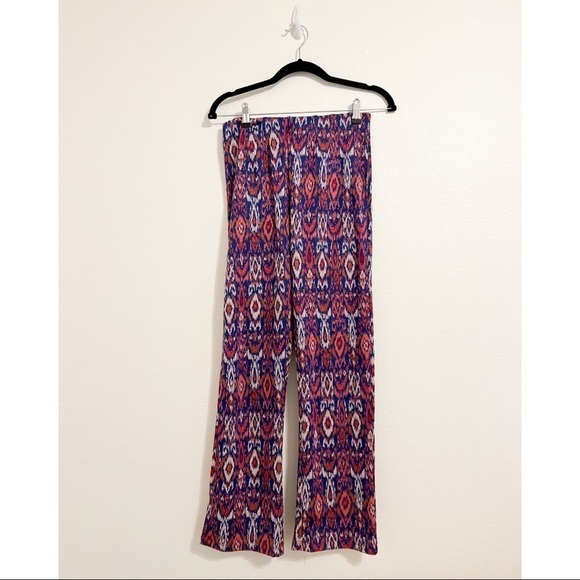 FREE PEOPLE Knit Flare Geometric Cropped Boho Pants Blue Red Sz 4 - Picture 3 of 5